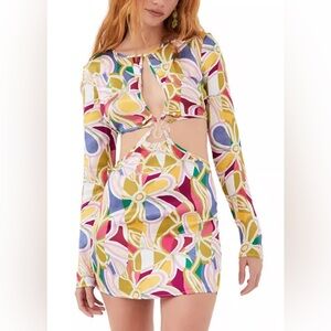 NWT For Love & Lemons Thora‎ Floral Long Sleeve Satin Cutout Dress - S